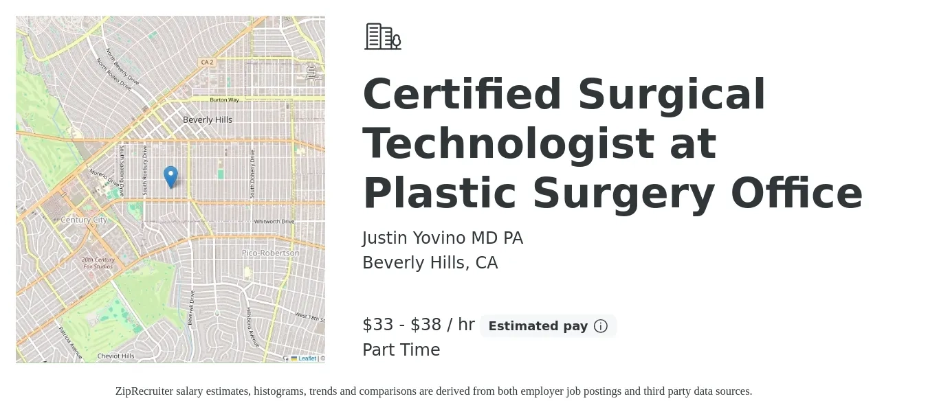 Justin Yovino MD PA job posting for a Certified Surgical Technologist at Plastic Surgery Office in Beverly Hills, CA with a salary of $35 to $50 Hourly with a map of Beverly Hills location.