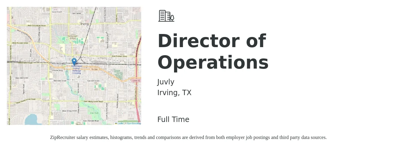 Juvly job posting for a Director of Operations in Irving, TX with a salary of $72,500 to $130,100 Yearly with a map of Irving location.