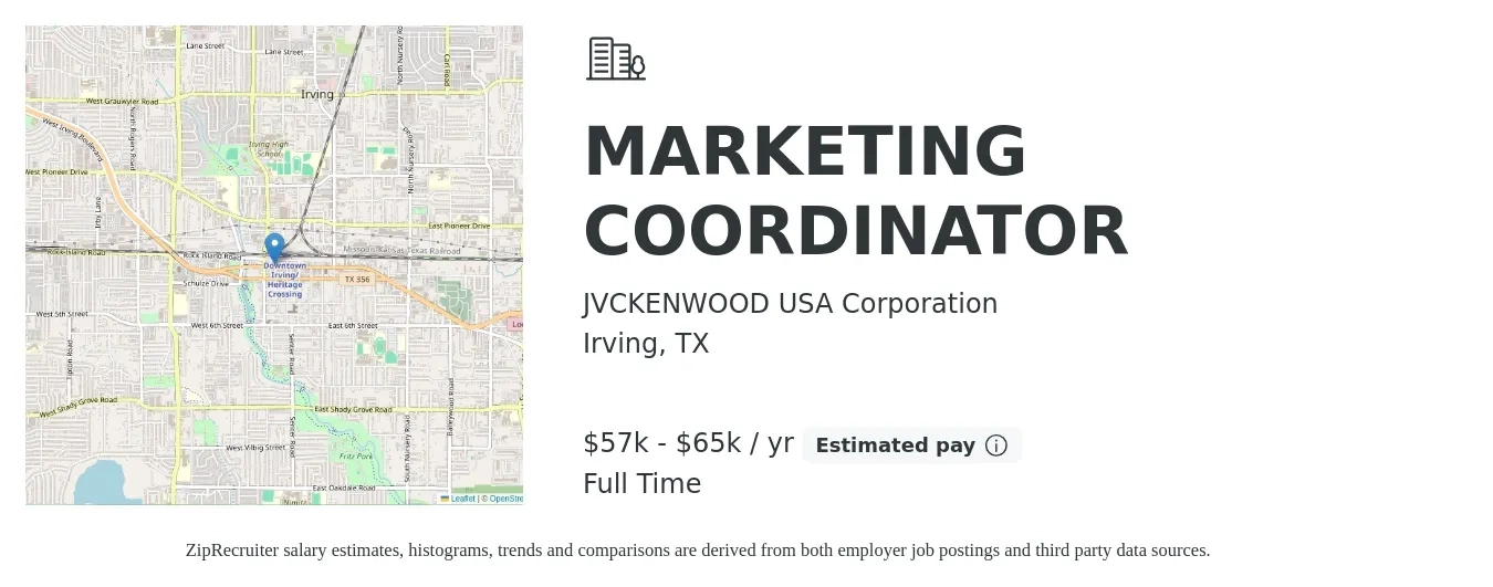 JVCKENWOOD USA Corporation job posting for a MARKETING COORDINATOR in Irving, TX with a salary of $57,000 to $65,000 Yearly with a map of Irving location.