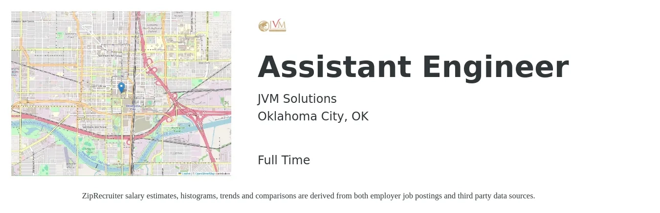 JVM Solutions job posting for a Assistant Engineer in Oklahoma City, OK with a salary of $65,500 to $97,100 Yearly with a map of Oklahoma City location.