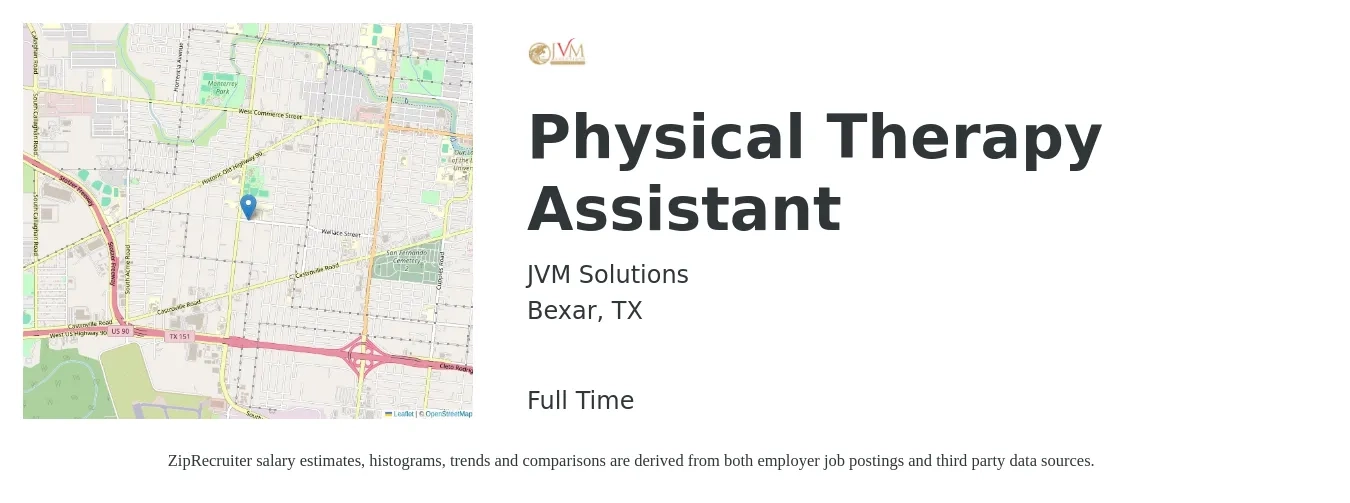 JVM Solutions job posting for a Physical Therapy Assistant in Bexar, TX with a salary of $26 to $34 Hourly with a map of Bexar location.