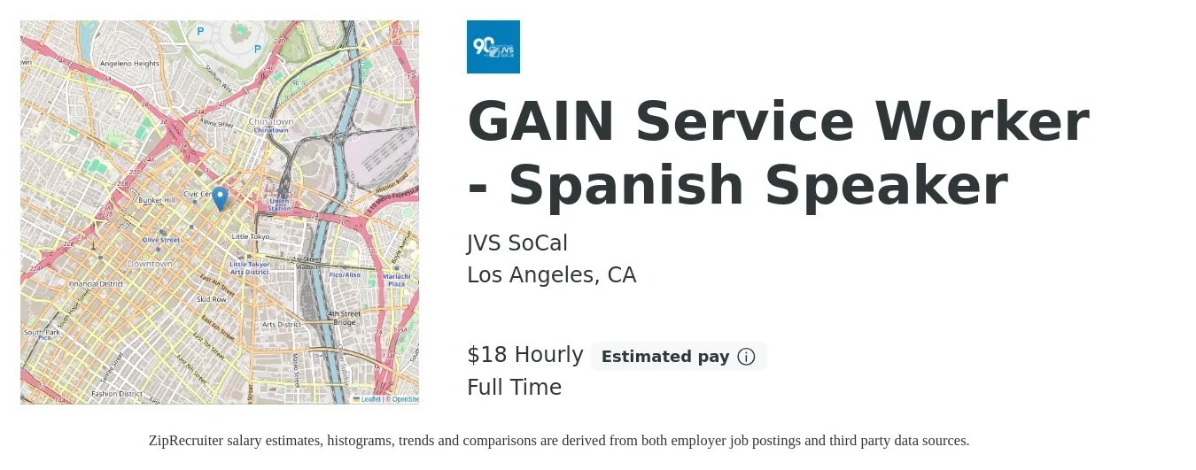 JVS SoCal job posting for a GAIN Service Worker - Spanish Speaker in Los Angeles, CA with a salary of $20 Hourly with a map of Los Angeles location.