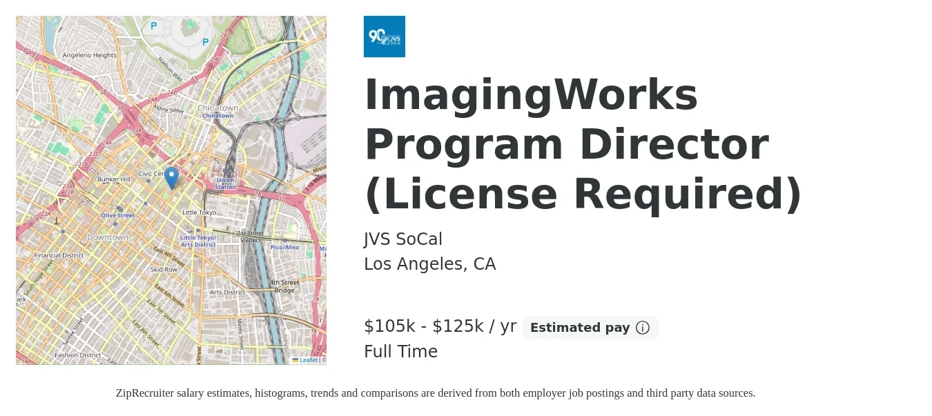 JVS SoCal job posting for a ImagingWorks Program Director (License Required) in Los Angeles, CA with a salary of $105,000 to $125,000 Yearly with a map of Los Angeles location.