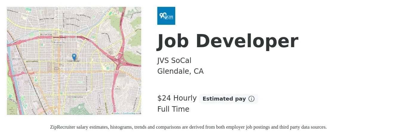 JVS SoCal job posting for a Job Developer in Glendale, CA with a salary of $26 Hourly with a map of Glendale location.