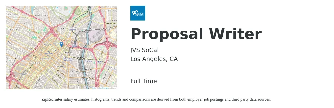 JVS SoCal job posting for a Proposal Writer in Los Angeles, CA with a salary of $68,400 to $97,500 Yearly with a map of Los Angeles location.