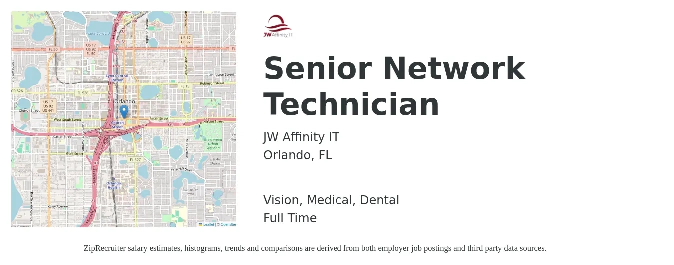 JW Affinity IT job posting for a Senior Network Technician in Orlando, FL with a salary of $22 to $28 Hourly and benefits including dental, life_insurance, medical, retirement, and vision with a map of Orlando location.