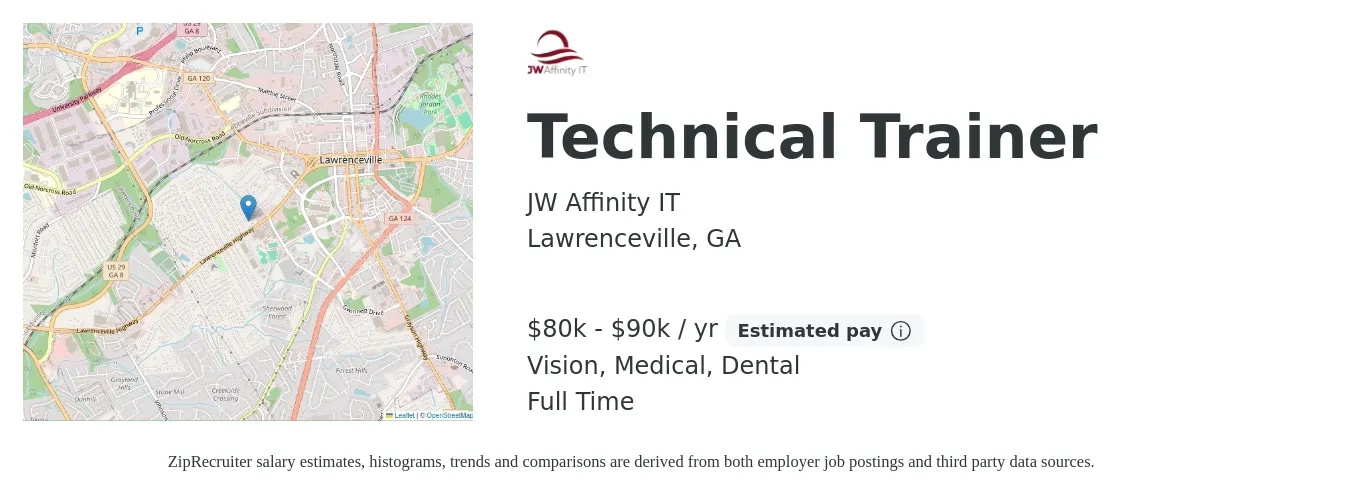 JW Affinity IT job posting for a Technical Trainer in Lawrenceville, GA with a salary of $80,000 to $90,000 Yearly and benefits including life_insurance, medical, retirement, vision, and dental with a map of Lawrenceville location.