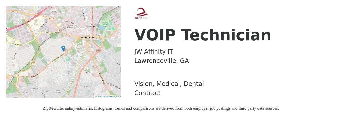 JW Affinity IT job posting for a VOIP Technician in Lawrenceville, GA with a salary of $20 to $38 Hourly and benefits including retirement, vision, dental, life_insurance, and medical with a map of Lawrenceville location.