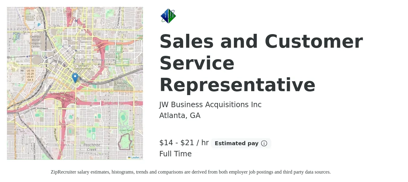 JW Business Acquisitions Inc job posting for a Sales and Customer Service Representative in Atlanta, GA with a salary of $15 to $22 Hourly with a map of Atlanta location.