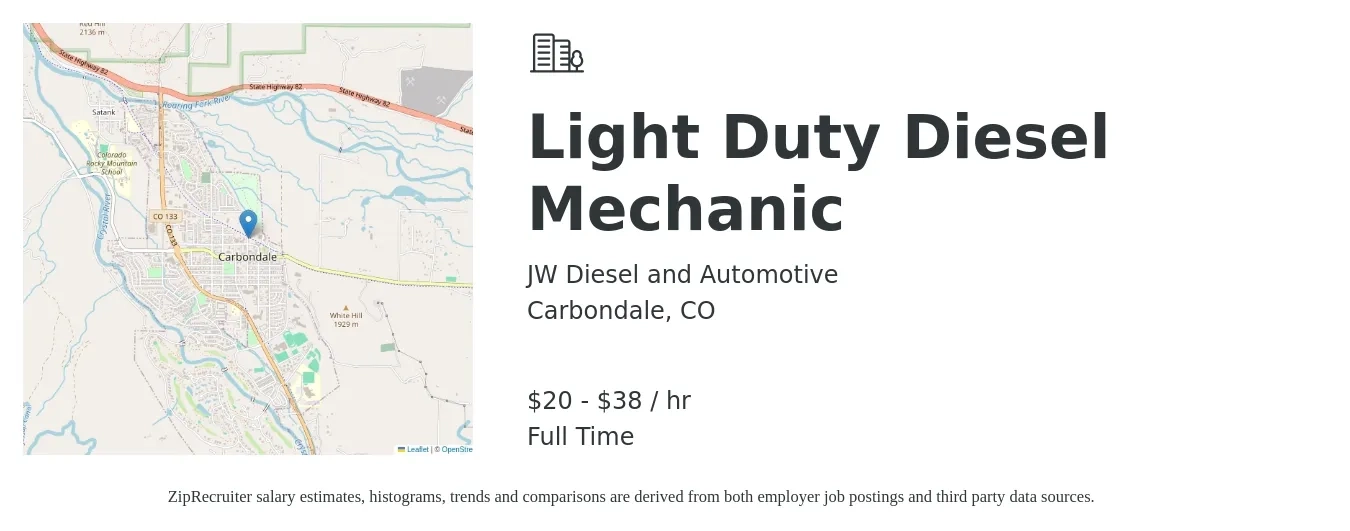 JW Diesel and Automotive job posting for a Light Duty Diesel Mechanic in Carbondale, CO with a salary of $21 to $40 Hourly with a map of Carbondale location.