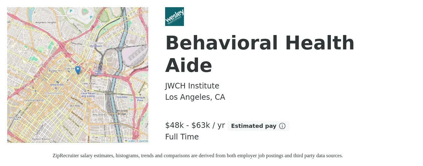 JWCH Institute job posting for a Behavioral Health Aide in Los Angeles, CA with a salary of $48,579 to $63,740 Yearly with a map of Los Angeles location.