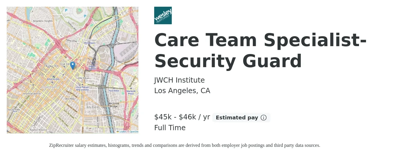 JWCH Institute job posting for a Care Team Specialist- Security Guard in Los Angeles, CA with a salary of $45,110 to $46,238 Yearly with a map of Los Angeles location.