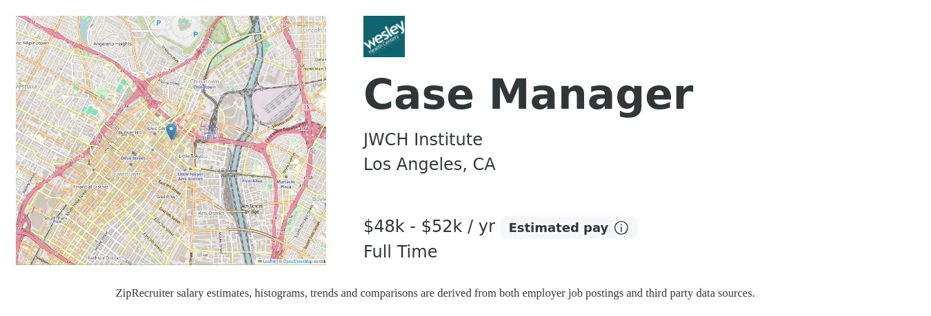 JWCH Institute job posting for a Case Manager in Los Angeles, CA with a salary of $48,579 to $52,314 Yearly with a map of Los Angeles location.