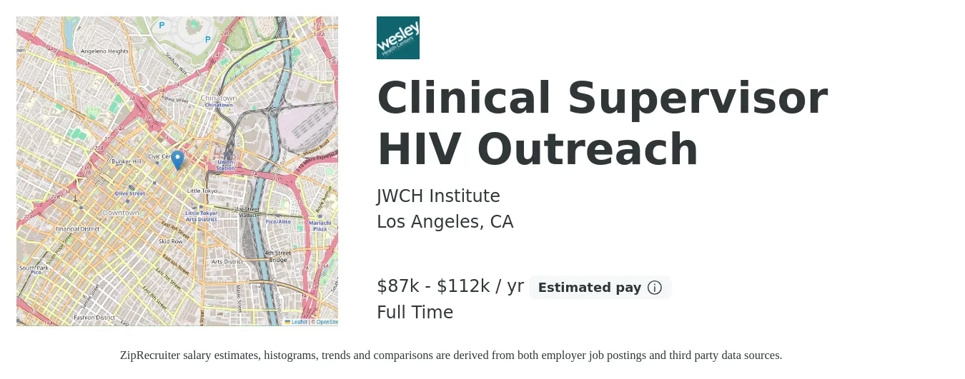 JWCH Institute job posting for a Clinical Supervisor HIV Outreach in Los Angeles, CA with a salary of $87,866 to $112,476 Yearly with a map of Los Angeles location.