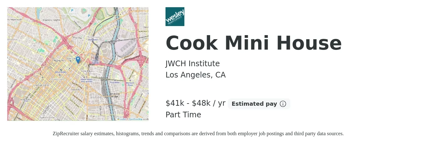 JWCH Institute job posting for a Cook Mini House in Los Angeles, CA with a salary of $41,889 to $48,579 Yearly with a map of Los Angeles location.