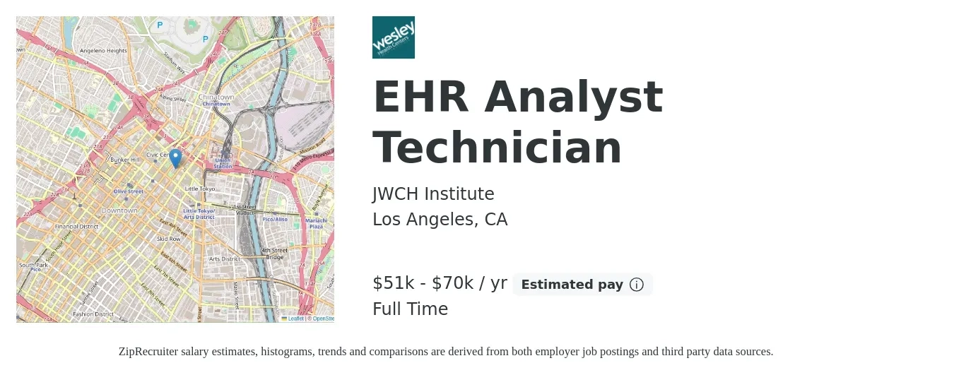JWCH Institute job posting for a EHR Analyst Technician in Los Angeles, CA with a salary of $51,038 to $70,357 Yearly with a map of Los Angeles location.