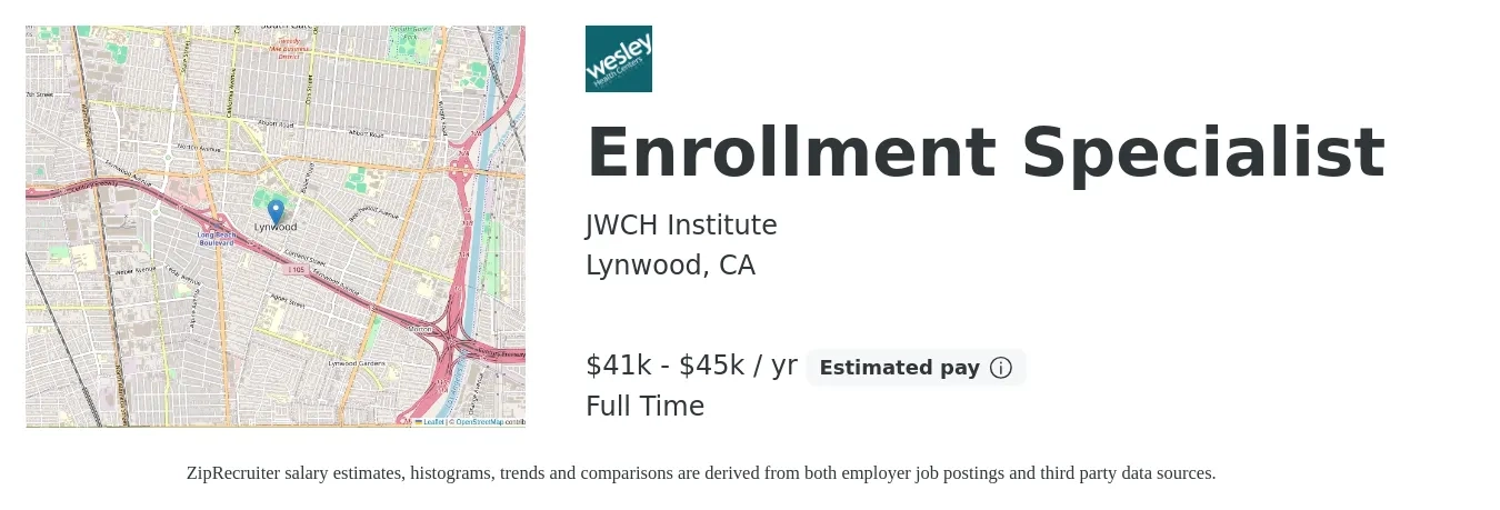 JWCH Institute job posting for a Enrollment Specialist in Lynwood, CA with a salary of $41,889 to $45,110 Yearly with a map of Lynwood location.