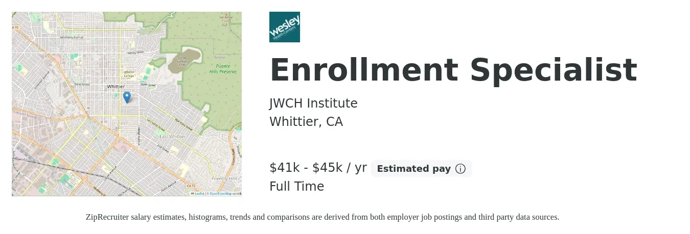 JWCH Institute job posting for a Enrollment Specialist in Whittier, CA with a salary of $41,889 to $45,110 Yearly with a map of Whittier location.