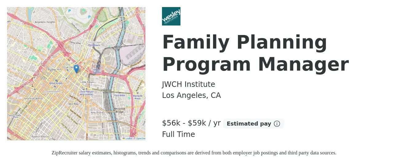 JWCH Institute job posting for a Family Planning Program Manager in Los Angeles, CA with a salary of $56,337 to $59,189 Yearly with a map of Los Angeles location.