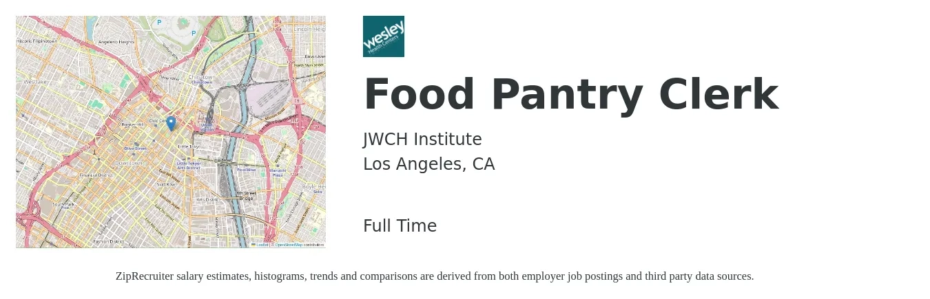 JWCH Institute job posting for a Food Pantry Clerk in Los Angeles, CA with a salary of $44,010 to $46,238 Yearly with a map of Los Angeles location.
