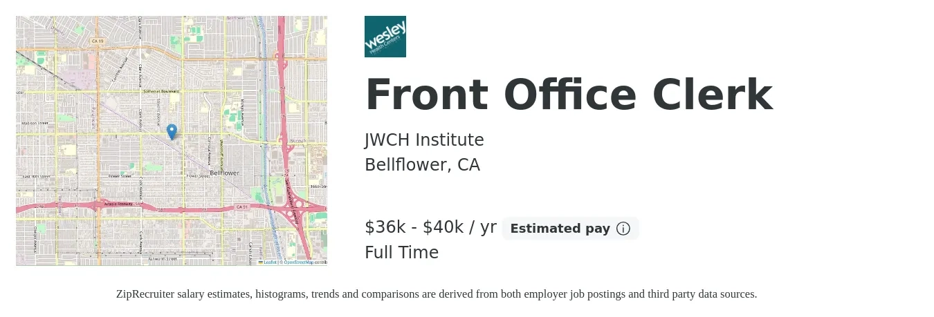 JWCH Institute job posting for a Front Office Clerk in Bellflower, CA with a salary of $36,121 to $40,868 Yearly with a map of Bellflower location.