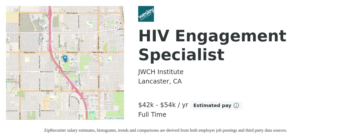 JWCH Institute job posting for a HIV Engagement Specialist in Lancaster, CA with a salary of $42,937 to $54,963 Yearly with a map of Lancaster location.