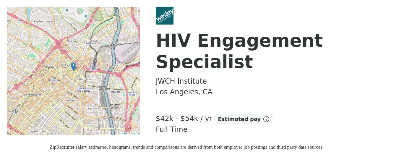 JWCH Institute job posting for a HIV Engagement Specialist in Los Angeles, CA with a salary of $42,937 to $54,963 Yearly with a map of Los Angeles location.