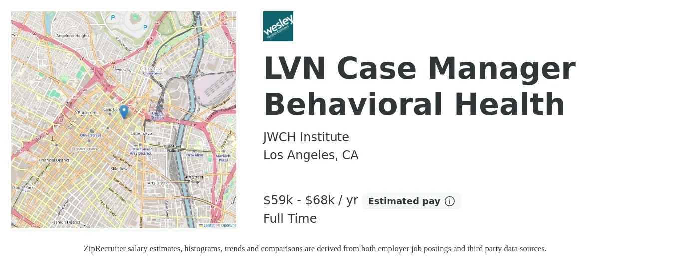 JWCH Institute job posting for a LVN Case Manager Behavioral Health in Los Angeles, CA with a salary of $59,189 to $68,641 Yearly with a map of Los Angeles location.