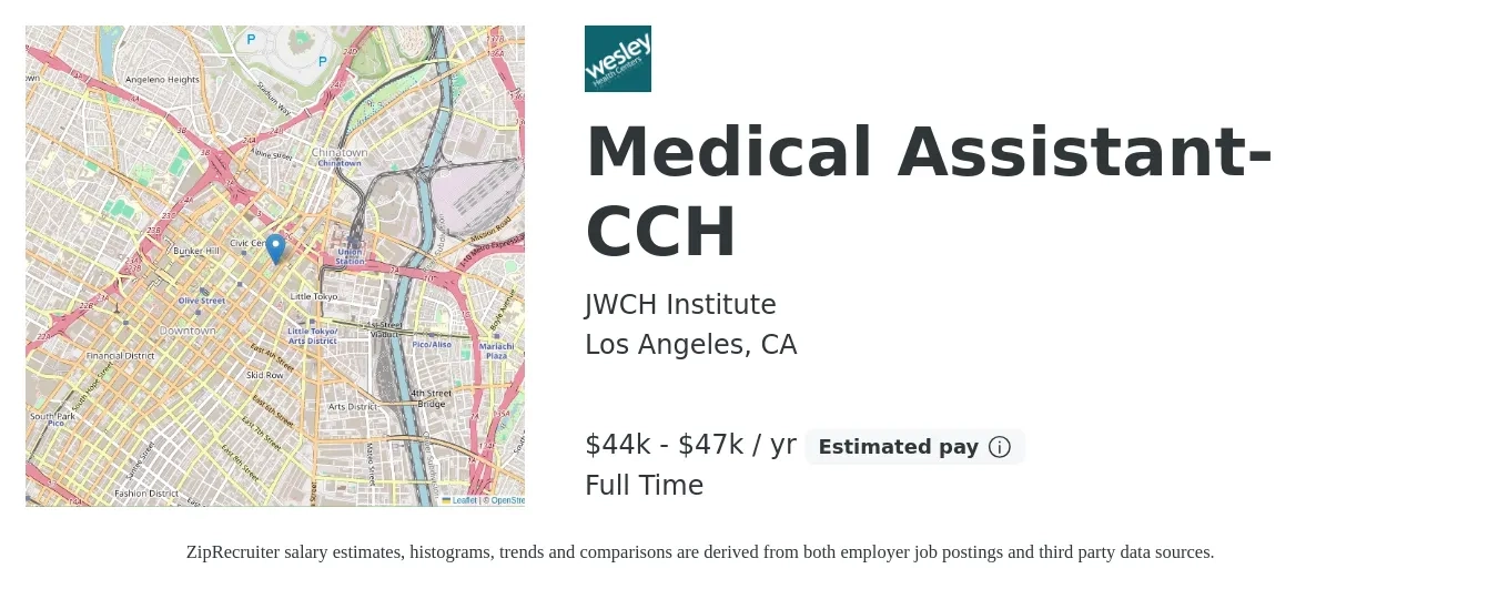 JWCH Institute job posting for a Medical Assistant-CCH in Los Angeles, CA with a salary of $44,010 to $47,394 Yearly with a map of Los Angeles location.