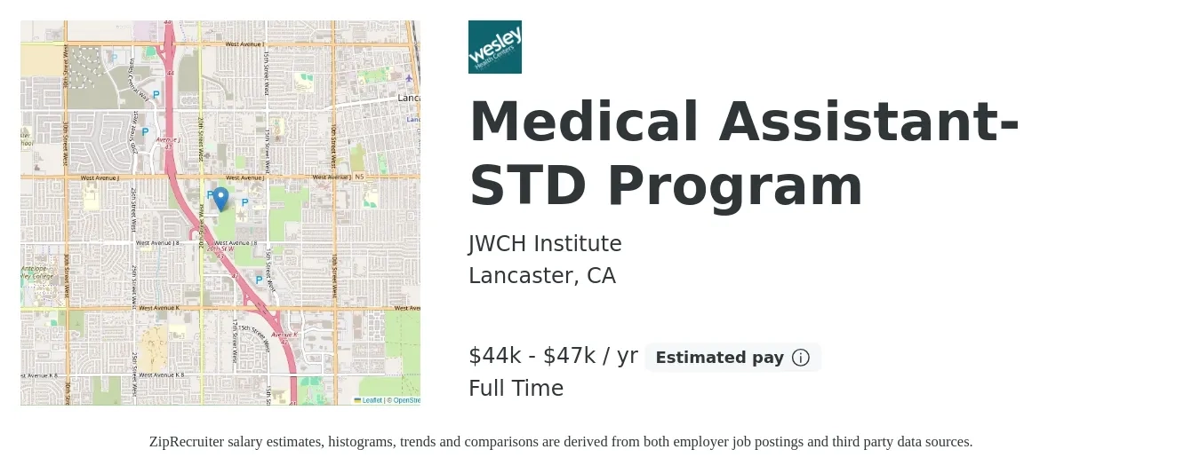 JWCH Institute job posting for a Medical Assistant- STD Program in Lancaster, CA with a salary of $44,010 to $47,394 Yearly with a map of Lancaster location.