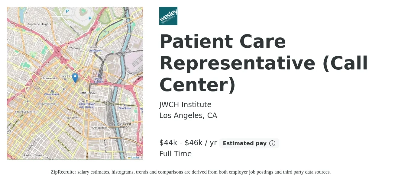 JWCH Institute job posting for a Patient Care Representative (Call Center) in Los Angeles, CA with a salary of $44,010 to $46,238 Yearly with a map of Los Angeles location.