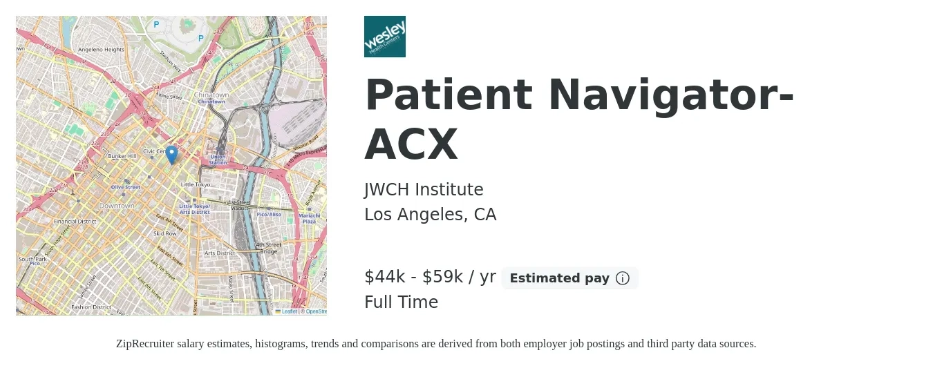JWCH Institute job posting for a Patient Navigator-ACX in Los Angeles, CA with a salary of $41,889 to $59,189 Yearly with a map of Los Angeles location.