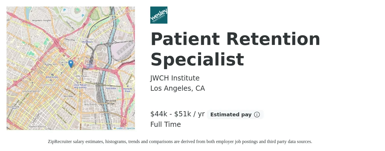 JWCH Institute job posting for a Patient Retention Specialist in Los Angeles, CA with a salary of $37,950 to $59,189 Yearly with a map of Los Angeles location.