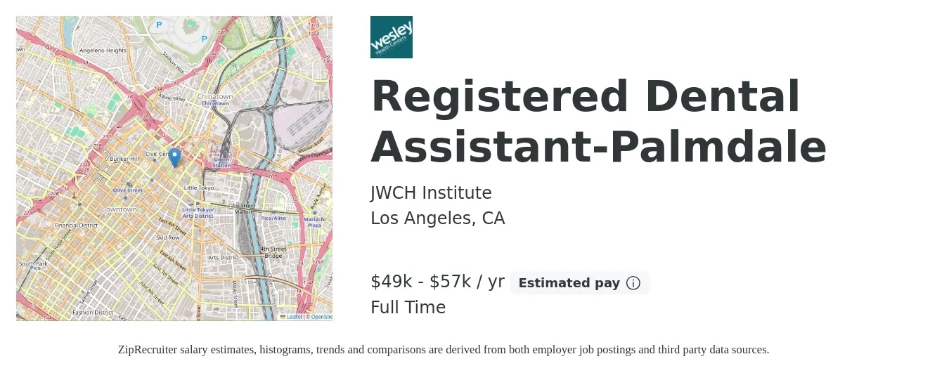 JWCH Institute job posting for a Registered Dental Assistant-Palmdale in Los Angeles, CA with a salary of $49,793 to $57,745 Yearly with a map of Los Angeles location.