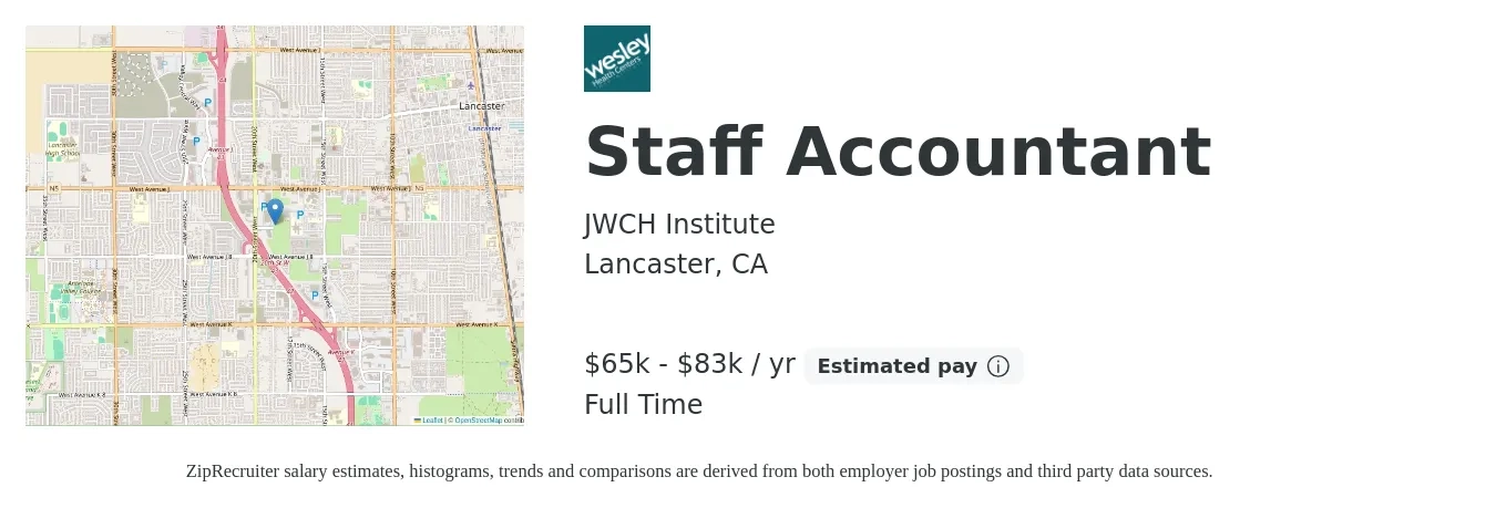 JWCH Institute job posting for a Staff Accountant in Lancaster, CA with a salary of $65,333 to $83,632 Yearly with a map of Lancaster location.