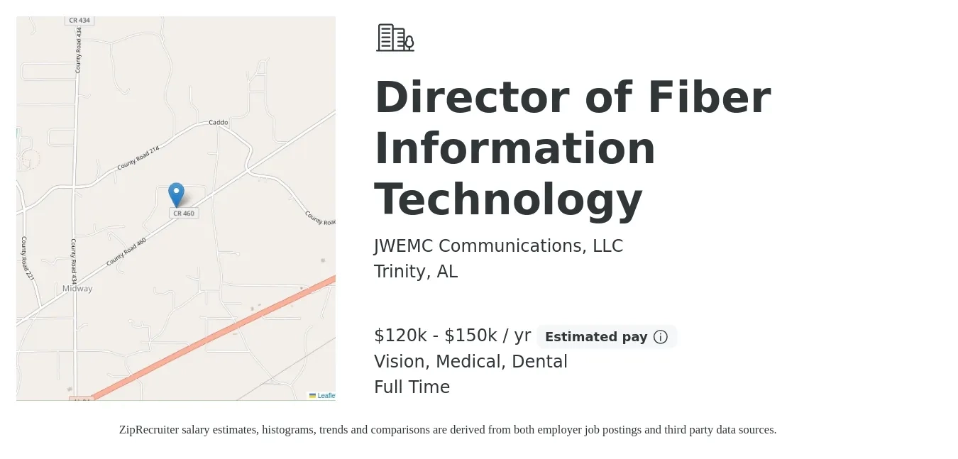 JWEMC Communications, LLC job posting for a Director of Fiber Information Technology in Trinity, AL with a salary of $120,000 to $150,000 Yearly and benefits including retirement, vision, dental, life_insurance, and medical with a map of Trinity location.