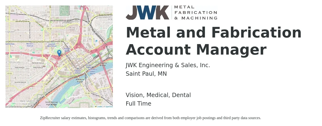JWK Engineering & Sales, Inc. job posting for a Metal and Fabrication Account Manager in Saint Paul, MN with a salary of $48,500 to $79,400 Yearly and benefits including dental, medical, retirement, and vision with a map of Saint Paul location.