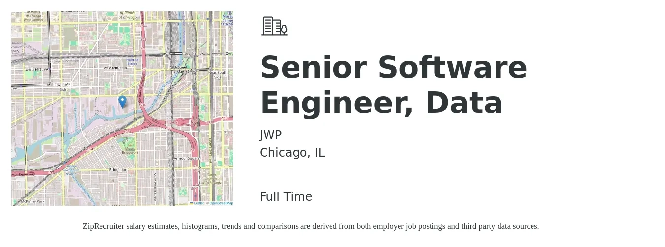 JWP job posting for a Senior Software Engineer - Data in Chicago, IL with a salary of $126,200 to $166,400 Yearly with a map of Chicago location.