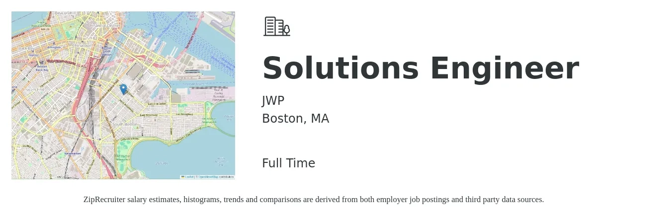 JWP job posting for a Solutions Engineer in Boston, MA with a salary of $110,300 to $152,600 Yearly with a map of Boston location.