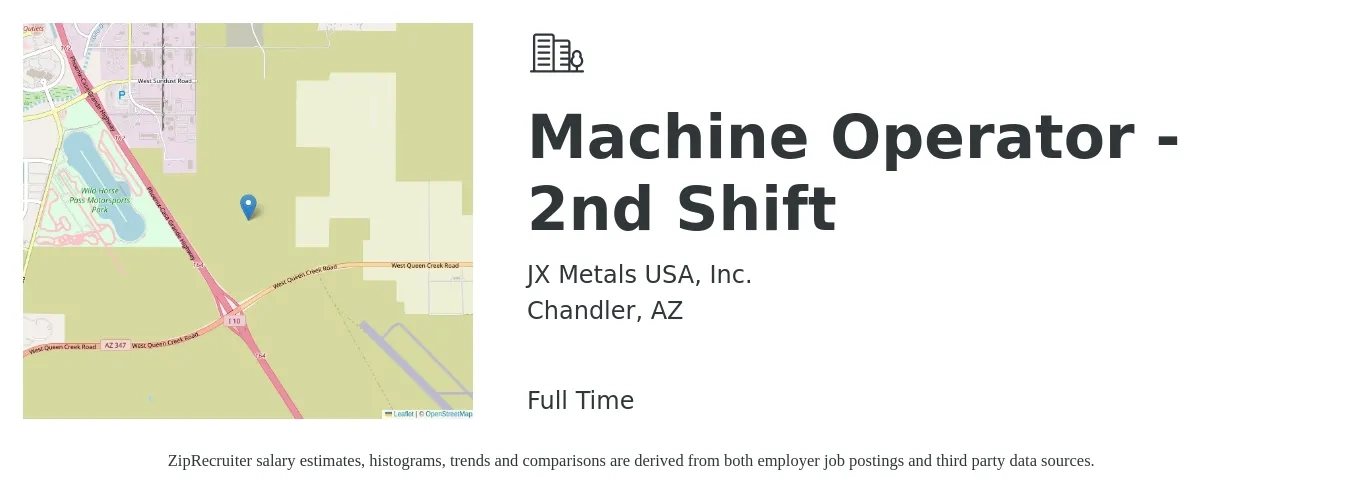 JX Metals USA, Inc. job posting for a Machine Operator - 2nd Shift in Chandler, AZ with a salary of $17 to $20 Hourly with a map of Chandler location.