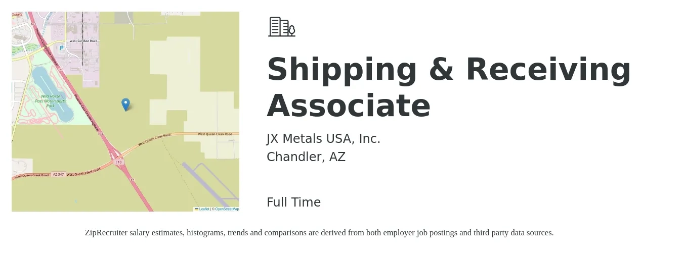 JX Metals USA, Inc. job posting for a Shipping & Receiving Associate in Chandler, AZ with a salary of $17 to $20 Hourly with a map of Chandler location.