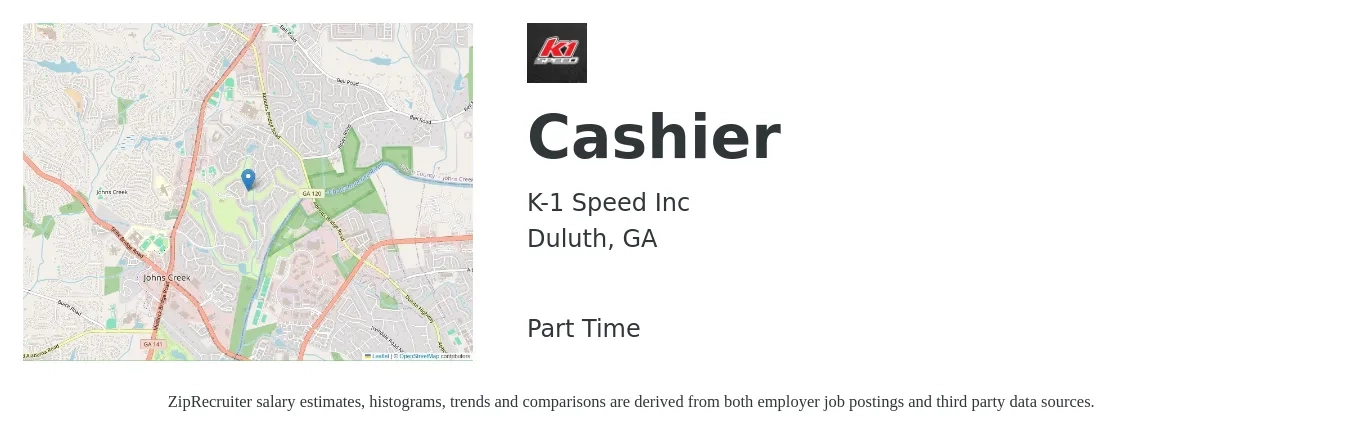 K-1 Speed Inc job posting for a Cashier in Duluth, GA with a salary of $11 to $15 Hourly with a map of Duluth location.