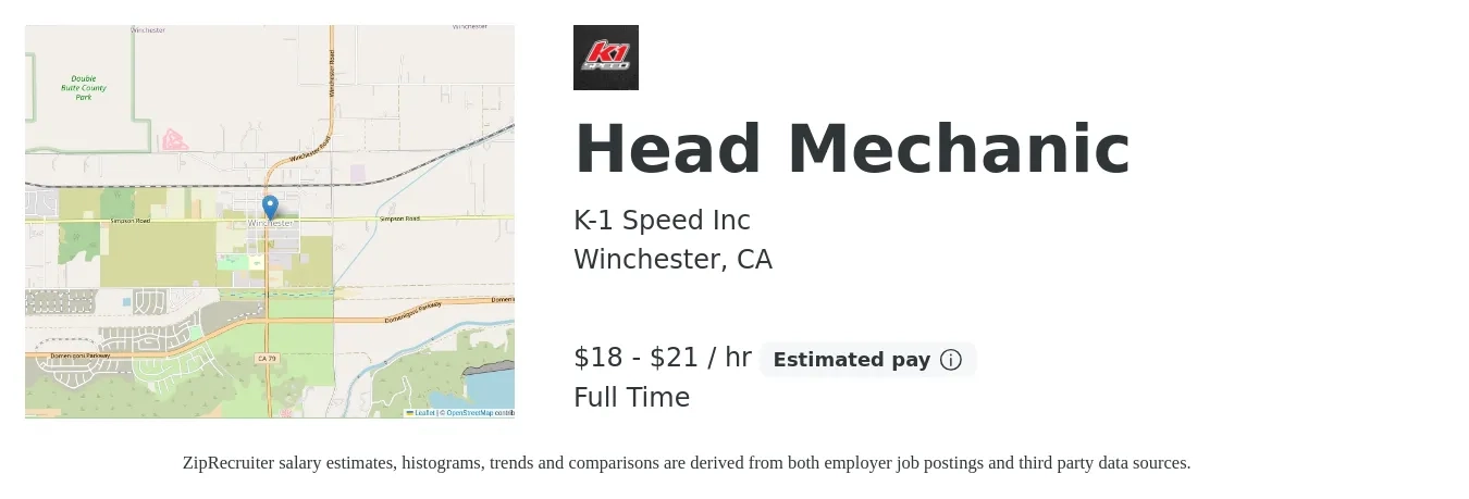 K-1 Speed Inc job posting for a Head Mechanic in Winchester, CA with a salary of $19 to $22 Hourly with a map of Winchester location.