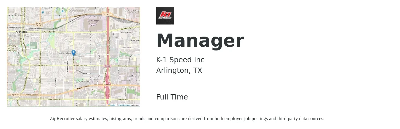 K-1 Speed Inc job posting for a Manager in Arlington, TX with a salary of $42,300 to $59,700 Yearly with a map of Arlington location.