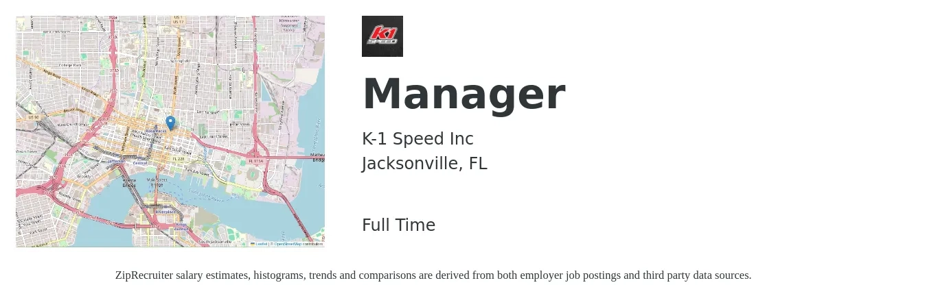 K-1 Speed Inc job posting for a Manager in Jacksonville, FL with a salary of $39,600 to $55,900 Yearly with a map of Jacksonville location.