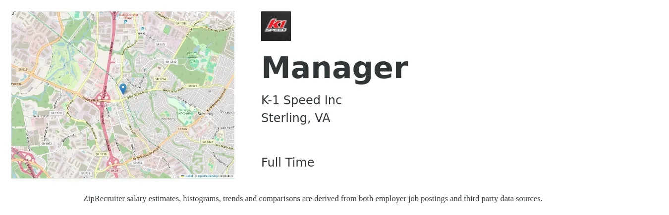 K-1 Speed Inc job posting for a Manager in Sterling, VA with a salary of $45,400 to $64,100 Yearly with a map of Sterling location.