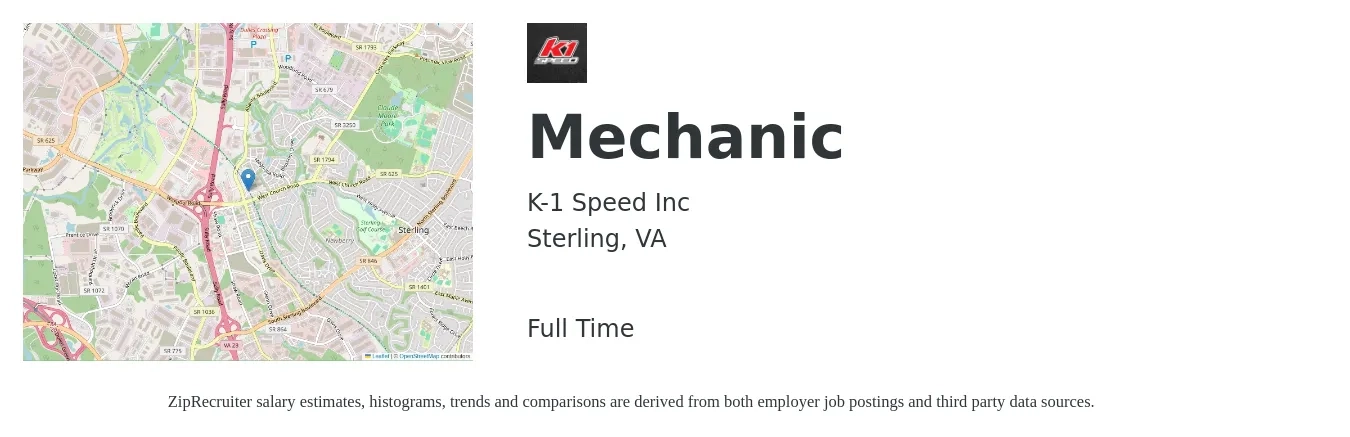 K-1 Speed Inc job posting for a Mechanic in Sterling, VA with a salary of $20 to $30 Hourly with a map of Sterling location.
