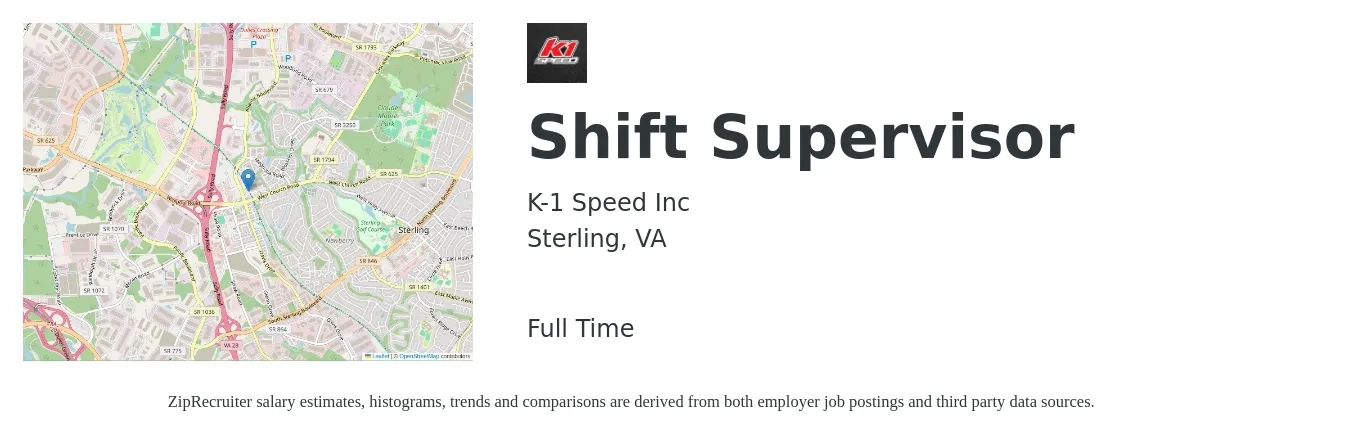 K-1 Speed Inc job posting for a Shift Supervisor in Sterling, VA with a salary of $15 to $19 Hourly with a map of Sterling location.