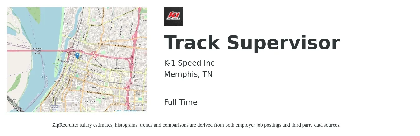 K-1 Speed Inc job posting for a Track Supervisor in Memphis, TN with a salary of $16 to $30 Hourly with a map of Memphis location.