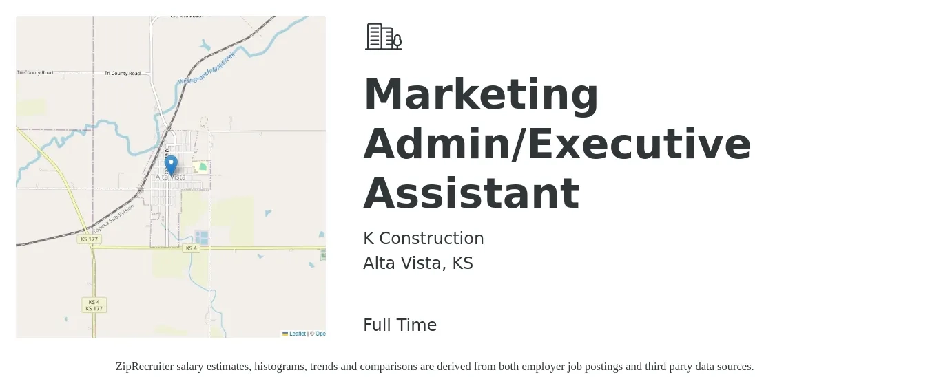 K Construction job posting for a Marketing Admin/Executive Assistant in Alta Vista, KS with a salary of $40,300 to $57,900 Yearly with a map of Alta Vista location.